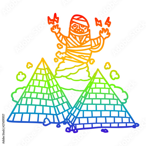 rainbow gradient line drawing cartoon mummy and pyramids