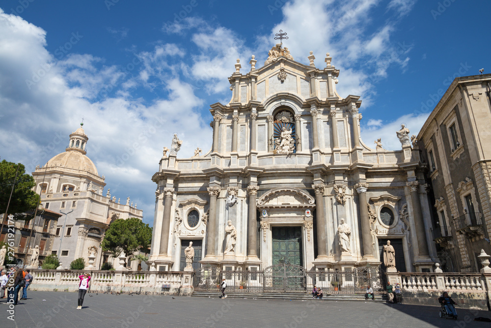 CATANIA, ITALY - APRIL 8, 2018: The Basilica di Sant'agata and church Chiesa della Badia di Sant'Agata with the main square.