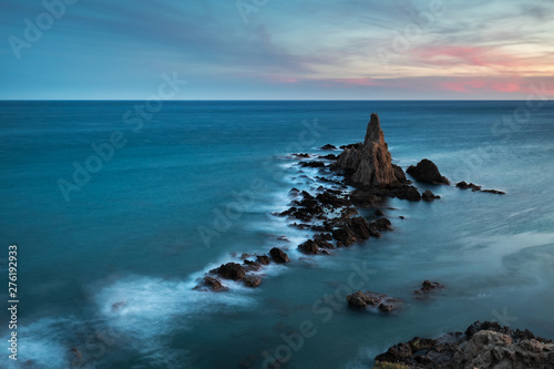 Seascape at sunset.. The sirens reef is located in the Natural Park of Cabo de Gata. Andalucia. Spain.