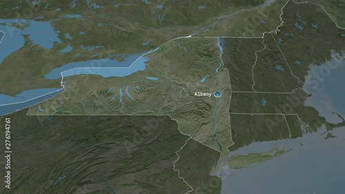 New York - state of the United States zoomed on the satellite map of the globe. Animation 3D