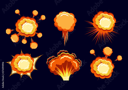 Cartoon vector bomb explosion with smoke. Cartoon style effect boom, explosion flash, bomb comic. Explosion with fire and cloud.