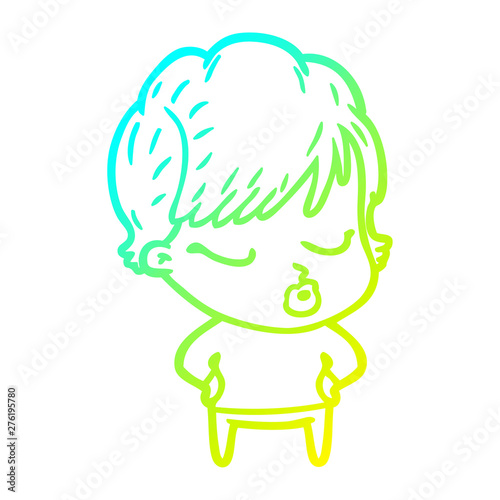 cold gradient line drawing cartoon woman with eyes shut