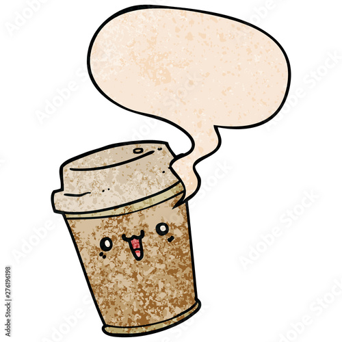 cartoon take out coffee and speech bubble in retro texture style