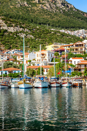 Marina with fishing boats and yachts in a sunny resort town. Vertical.