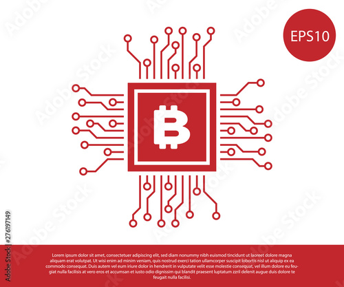 Red CPU mining farm icon isolated on white background. Bitcoin sign inside processor. Cryptocurrency mining community. Digital money. Vector Illustration