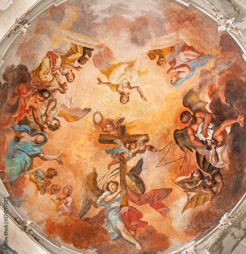 CATANIA, ITALY - APRIL 7, 2018: The fresco Exaltation of holy cross in cupola of church in church Chiesa di San Agostino and St. Rita.