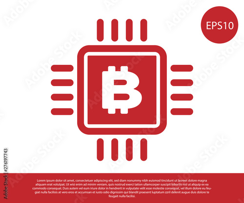 Red CPU mining farm icon isolated on white background. Bitcoin sign inside microchip. Cryptocurrency mining community. Digital money. Vector Illustration