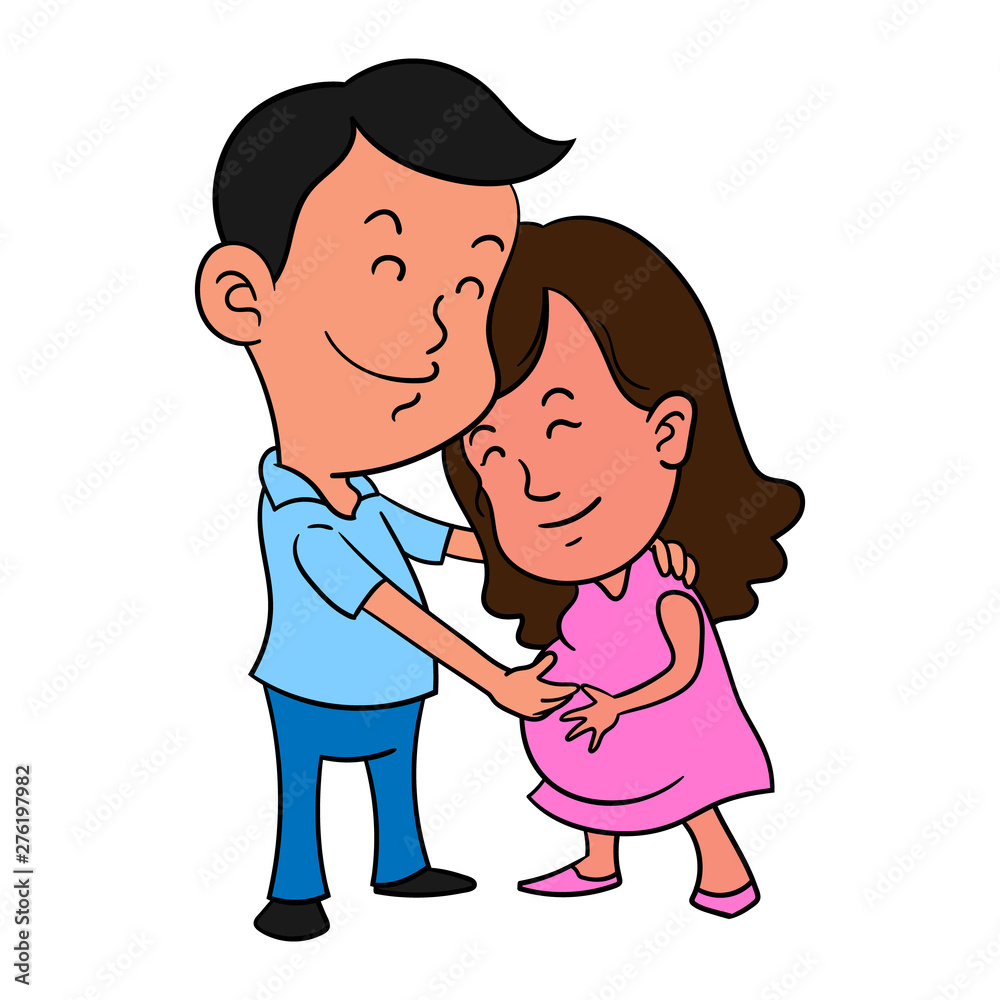 Young Couple waiting for baby born, Father hugged while rubbing the mother's tummy to feel the baby inside Cartoon Vector