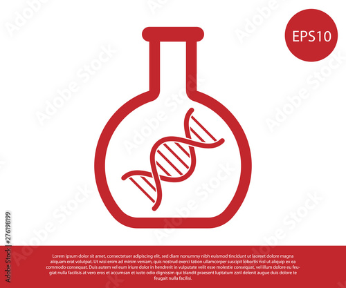 Red DNA research, search icon isolated on white background. Genetic engineering, genetics testing, cloning, paternity testing. Vector Illustration