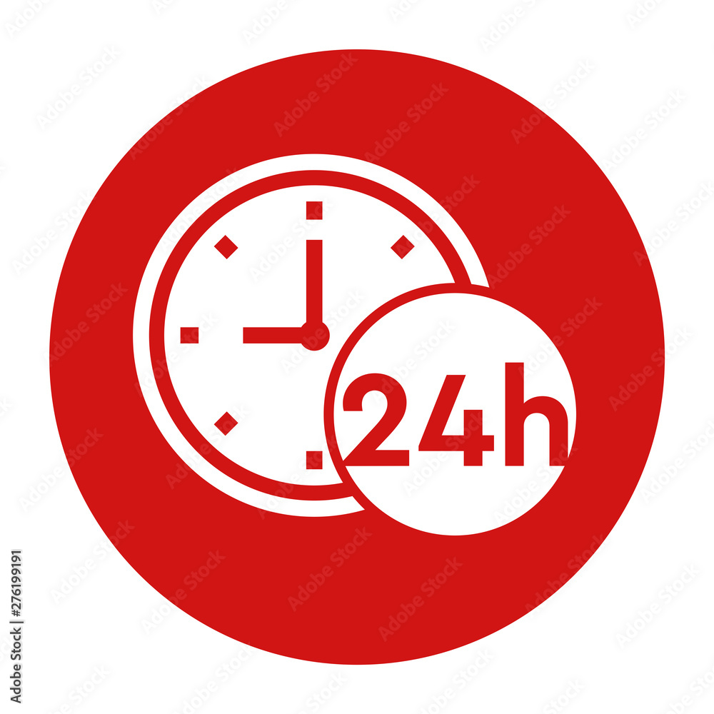 24 hours clock icon flat red round button vector illustration