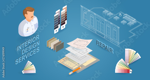 Interior design services. Isometric Vector flat 3d illustration.