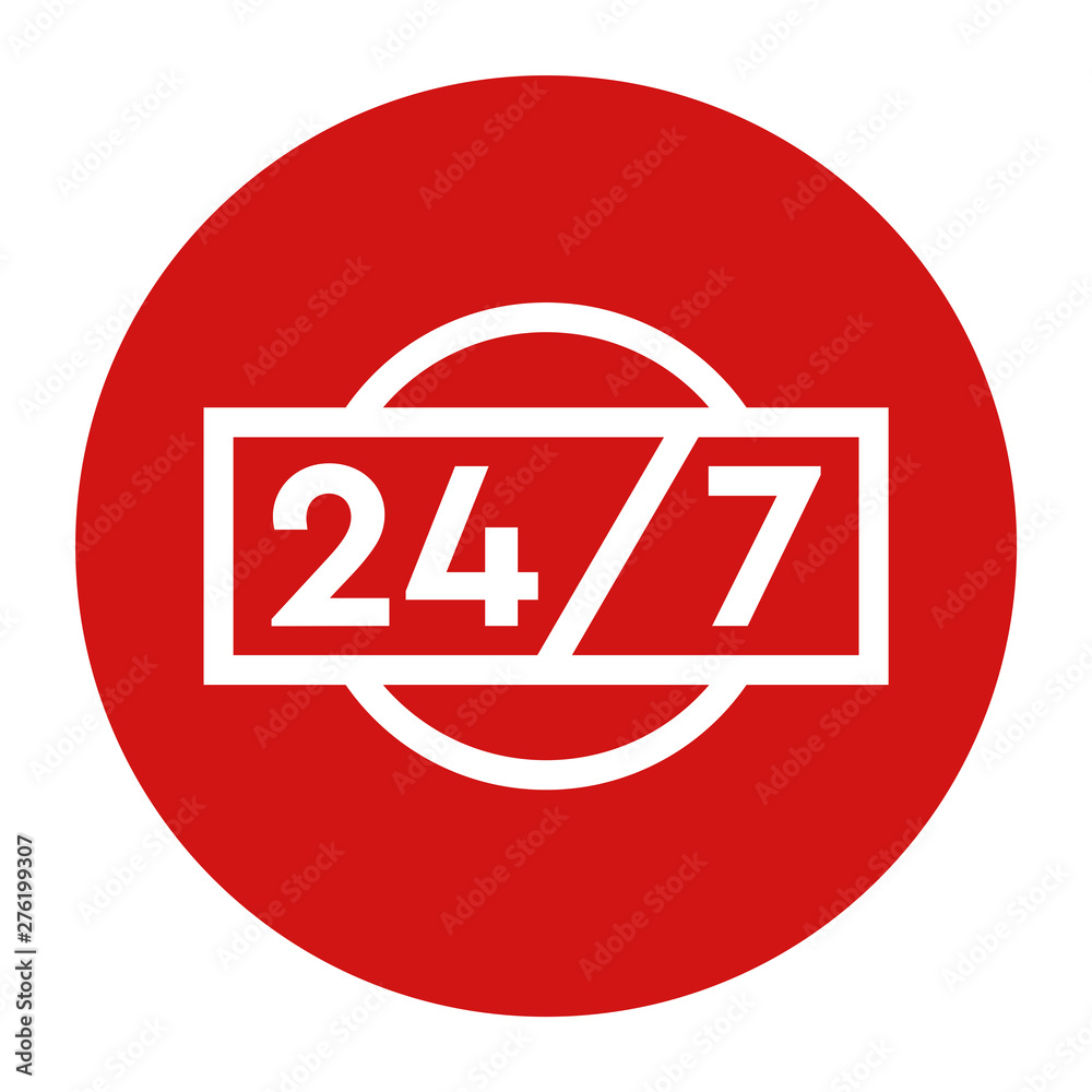 24/7 icon flat red round button vector illustration 24/7 icon flat red round button vector illustration