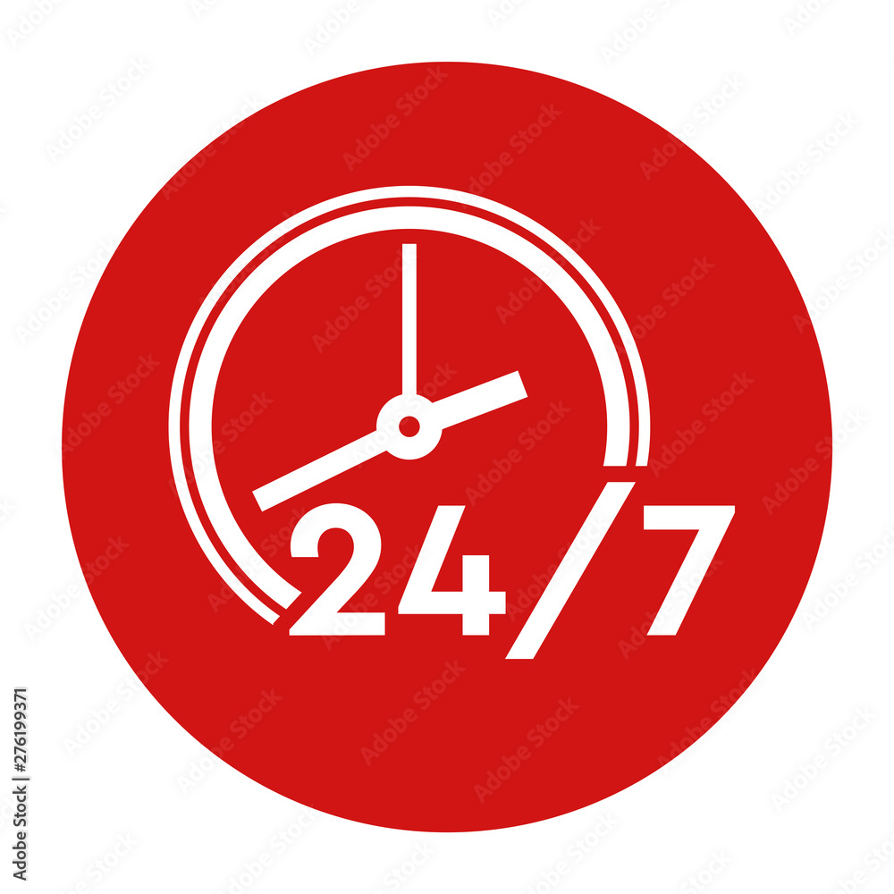 24/7 clock icon flat red round button vector illustration 24/7 clock icon flat red round button vector illustration