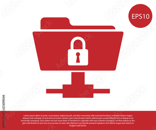Red FTP folder and lock icon isolated on white background. Concept of software update, ftp transfer protocol. Security, safety, protection concept. Vector Illustration