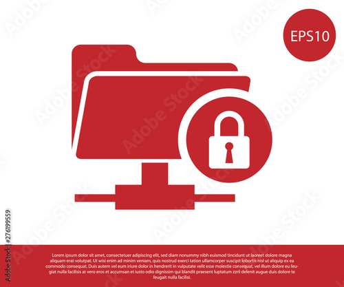 Red FTP folder and lock icon isolated on white background. Concept of software update, ftp transfer protocol. Security, safety, protection concept. Vector Illustration