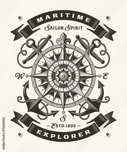 Vintage Maritime Explorer Typography (One Color). T-shirt and label graphics in woodcut style. Editable EPS10 vector illustration.