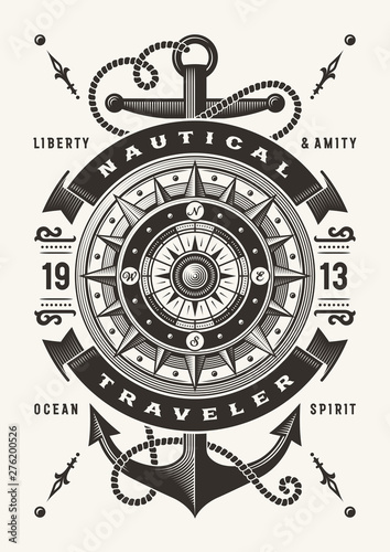 Vintage Nautical Traveler Typography (One Color). T-shirt and label graphics in woodcut style. Editable EPS10 vector illustration.