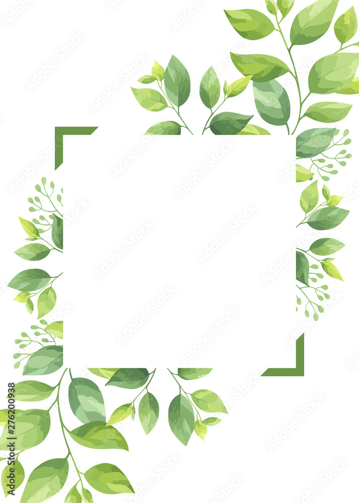 Green leaves frame template. Floral border. Vector illustration.