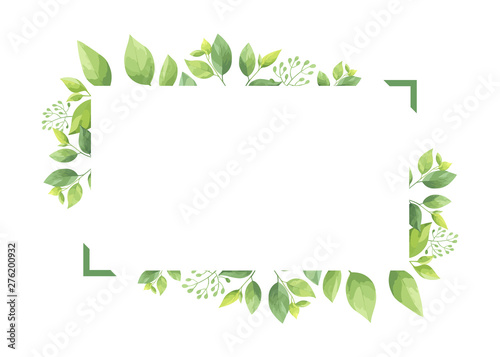 Green leaves frame template. Floral border. Vector illustration.