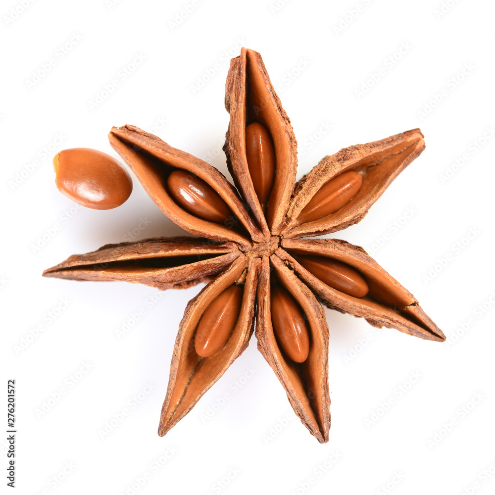 Star anise. Single star anise fruit with seed. Macro close up Isolated on white square background with shadow, top view of chinese badiane spice or Illicium verum. Star anise. Single star anise fruit with seed. Macro close up Isolated on white square background with shadow, top view of chinese badiane spice or Illicium verum.
