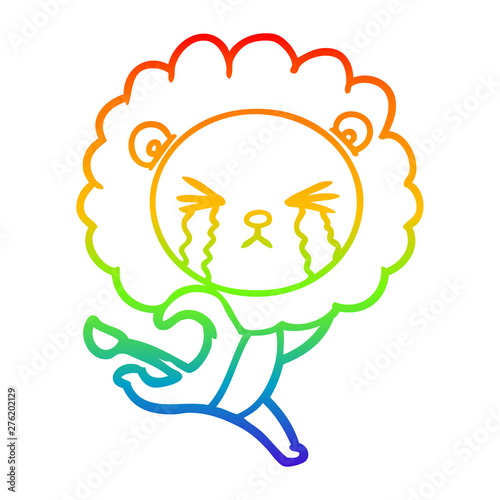 rainbow gradient line drawing cartoon crying lion running away