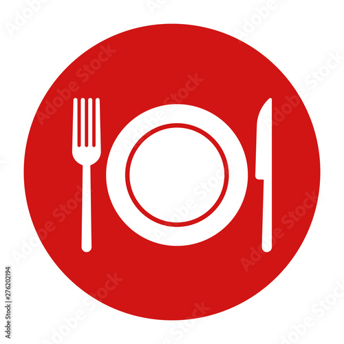 Plate with fork and knife icon flat red round button vector illustration