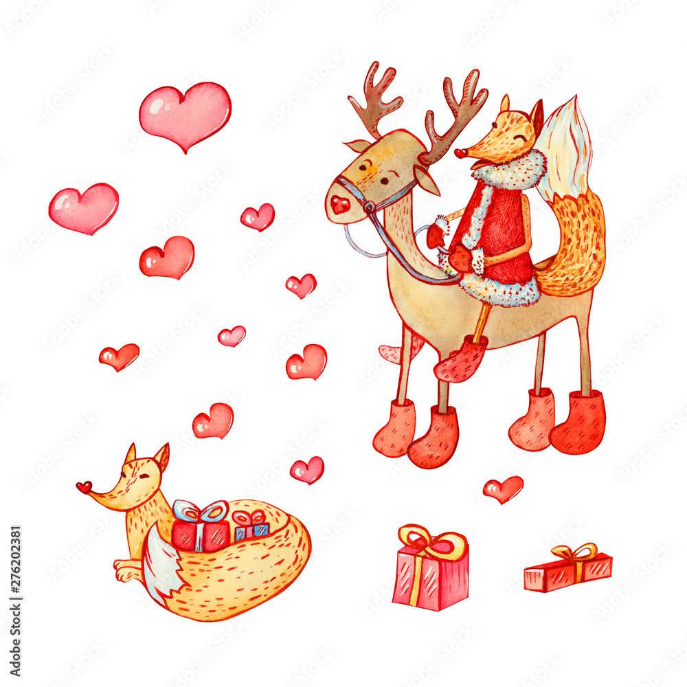 A set of Christmas characters: fox and deer. A set of Christmas characters: fox and deer.