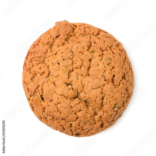 Homemade cookies. One sweet cookie made from oatmeal flour. Tasty biscuit in high resolution closeup isolated on white background top view. Homemade bakery.