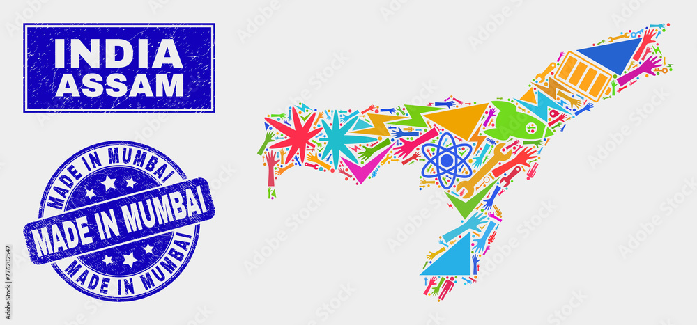 Mosaic technology Assam State map and Made in Mumbai stamp. Assam State map collage constructed with random colored equipment, hands, service icons. Mosaic technology Assam State map and Made in Mumbai stamp. Assam State map collage constructed with random colored equipment, hands, service icons.