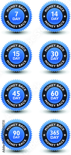 Simple yet excellent powerful high quality blue color money back guaranteed banner, sticker, tag, icon, stamp, label, sign, badge bundle isolated on white background.