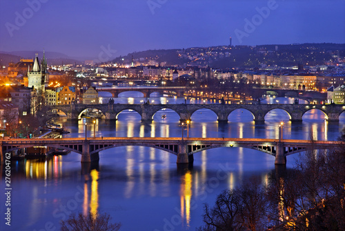 Bridges on Vltava  Moldava  river  Prague  Czech Republic. The one in the middle is the famous Charles  bridge. View from Letna gardens 