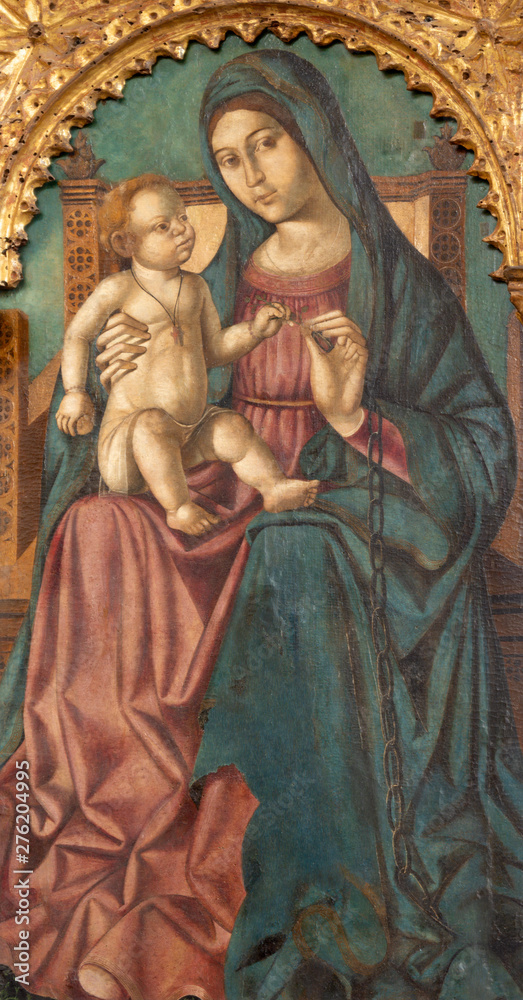 TAORMINA, ITALY - APRIL 9, 2018: The renaissance painting of Madonna in Duomo (San Pancrazio) by Antonello de Saliba (1504).