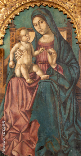 TAORMINA, ITALY - APRIL 9, 2018: The renaissance painting of Madonna in Duomo (San Pancrazio) by Antonello de Saliba (1504).