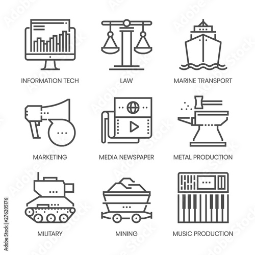 Industry related, square line vector icon set for applications and website development. The icon set is pixelperfect with 64x64 grid. Crafted with precision and eye for quality.