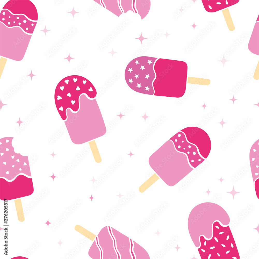 Fun pink colored popsicle ice cream seamless pattern, happy repeat background with stars and dots - great for summer themed fabrics and textiles, seasonal prints, girly wallpapers, invitations Fun pink colored popsicle ice cream seamless pattern, happy repeat background with stars and dots - great for summer themed fabrics and textiles, seasonal prints, girly wallpapers, invitations