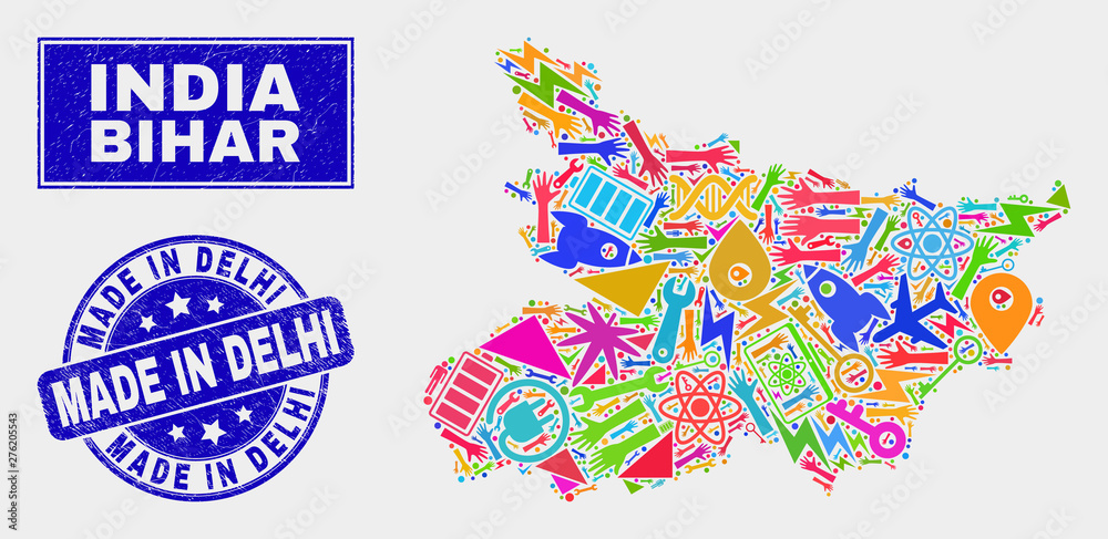 Mosaic tools Bihar State map and Made in Delhi watermark. Bihar State map collage formed with randomized colorful equipment, hands, service items. Mosaic tools Bihar State map and Made in Delhi watermark. Bihar State map collage formed with randomized colorful equipment, hands, service items.