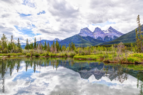Three Sisters Mountain Peaks in the Canadian Rockies of Canmore  Alberta  Canada