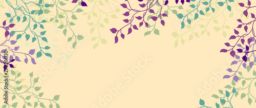 Fotografiet Gorgeous ivy and vine vector in blue green and purple outline on beige background around border in pretty climbing design