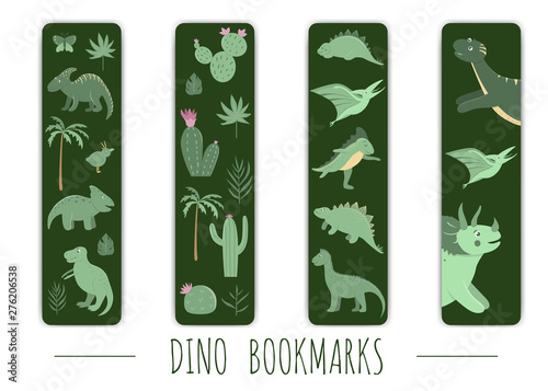 Vector set of cute bookmarks with green dinosaurs. Sweet vertical stationery templates for children. Funny prehistoric reptiles illustration for children.