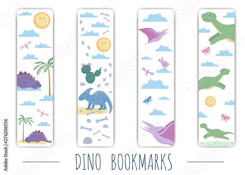 Vector set of cute bookmarks with cute colorful dinosaurs. Sweet vertical stationery templates for children. Funny prehistoric reptiles illustration for children.