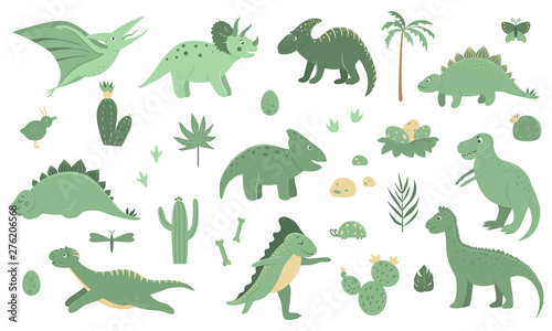 Vector set of cute green dinosaurs with palm trees  cactus  stones  footprints  bones for children. Dino flat cartoon character background. Cute prehistoric reptile illustration..