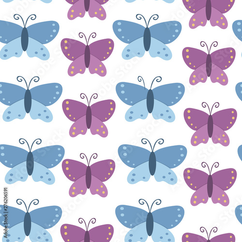 Vector seamless pattern for children. Flat cartoon background with butterflies. Cute blue and purple illustration.. © Lexi Claus
