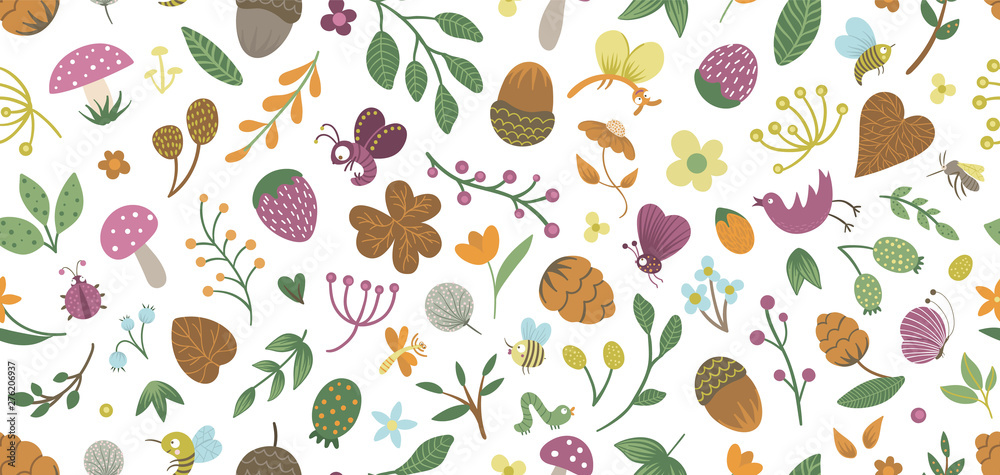 Vector seamless pattern of cute flat woodland insects and plants. Forest elements repeating background. Beautiful childish design for stationery, textile, wallpapers. Funny creatures ornament. . Vector seamless pattern of cute flat woodland insects and plants. Forest elements repeating background. Beautiful childish design for stationery, textile, wallpapers. Funny creatures ornament. .