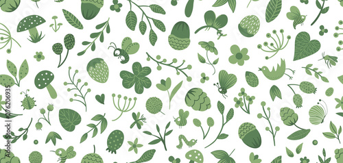 Vector seamless pattern of cute flat woodland insects and plants. Forest elements repeating background. Beautiful childish design for stationery, textile, wallpapers. Funny creatures ornament.