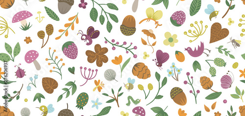 Vector seamless pattern of cute flat woodland insects and plants. Forest elements repeating background. Beautiful childish design for stationery, textile, wallpapers. Funny creatures ornament. .