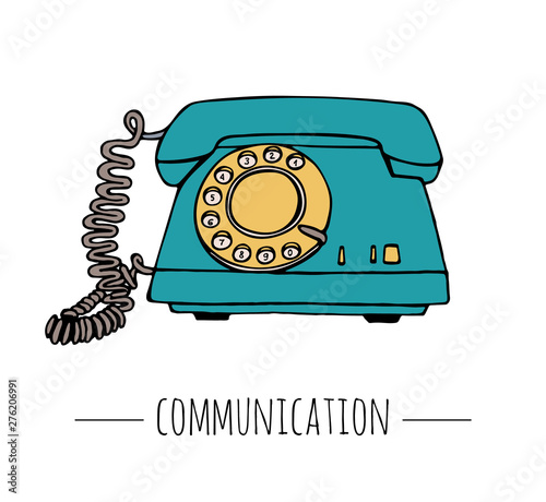 Vector vintage telephone. Retro illustration of wired rotary dial telephone. Old means of communication.