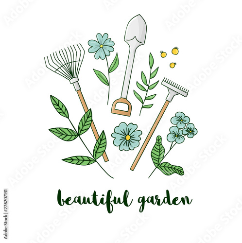 Vector illustration of colorful garden equipment with flowers. Shovel, Rakes, Spade icon. Cartoon style spring or summer picture isolated on white background. Gardening themed concept..