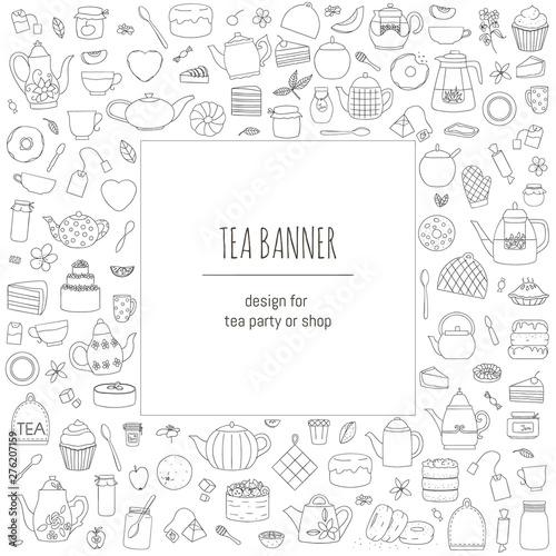 Vector illustration of black and white teapots, pies, sweets, cakes. Line art tea set. Tea themed concept. Frame with kettles and kitchen equipment.