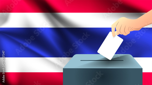 Male hand puts down a white sheet of paper with a mark as a symbol of a ballot paper against the background of the Thailand flag, Thailand the symbol of elections