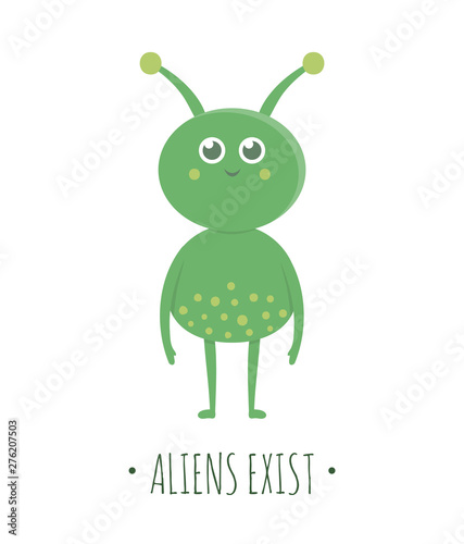 Vector alien illustration for children. Bright and cute flat picture of green extraterrestrial creature isolated on white background. Space concept.  .